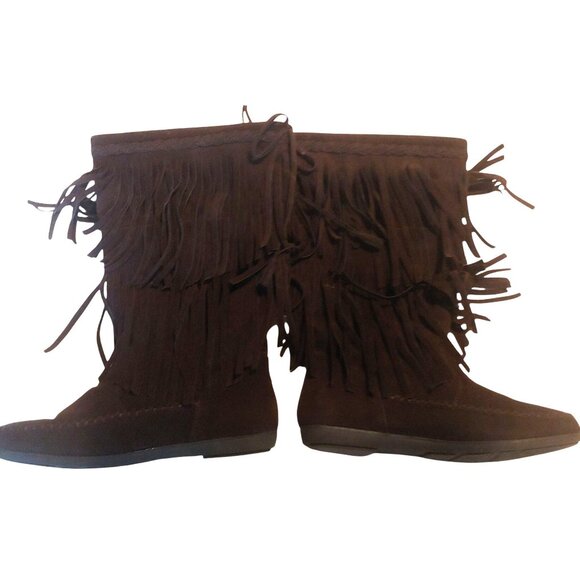Rampage Brown Hippie Boho Y2K Retro Double Fringe Faux Suede Pull On Boots 8.5 - Picture 6 of 9